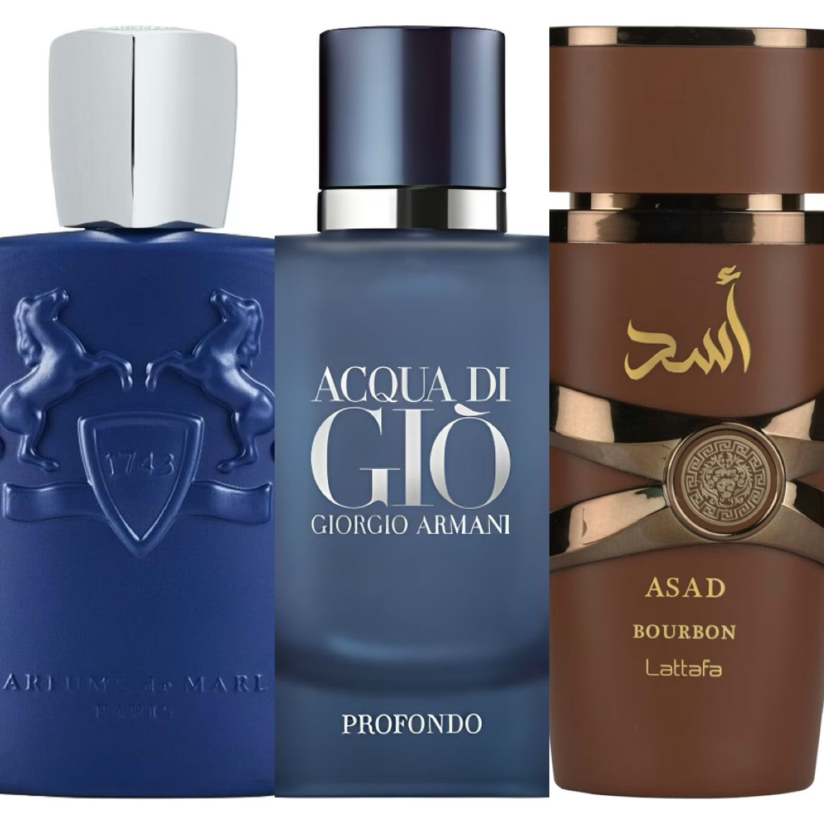 The Modern Man Essentials Bundle- Parfums de Marly Percival, Lattafa Asad Bourbon & Acqua di Giò Profondo